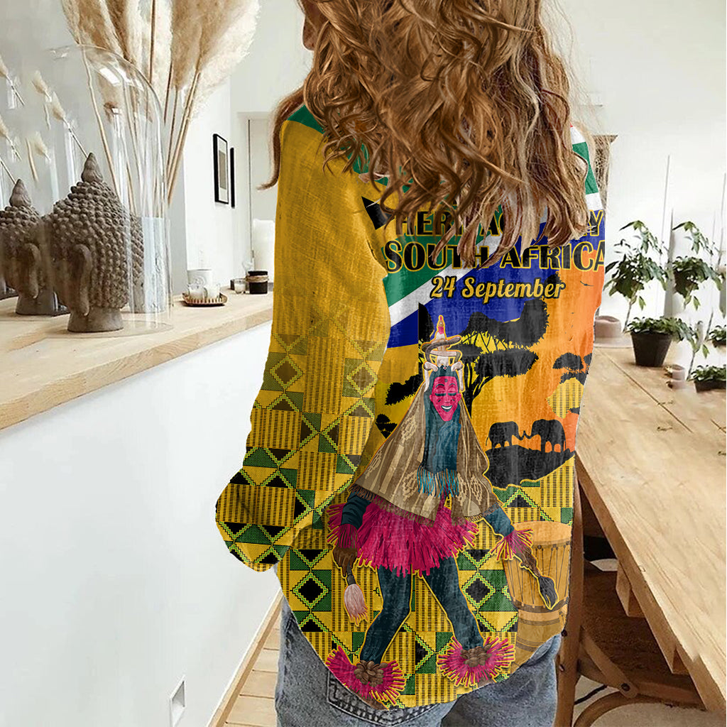 South Africa Heritage Day Women Casual Shirt Traditional Dancer Kente Pattern With Flag Style - Wonder Print Shop