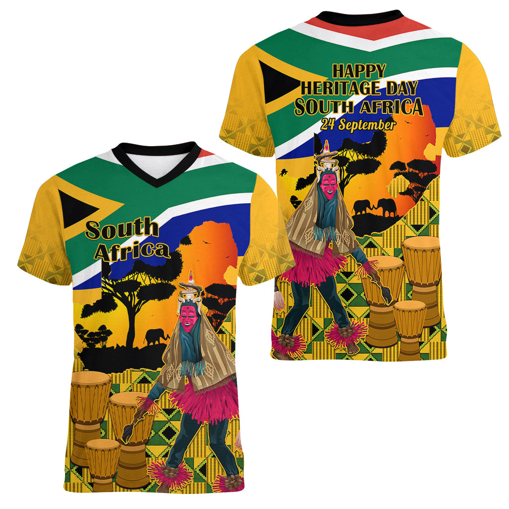 South Africa Heritage Day Women V Neck T Shirt Traditional Dancer Kente Pattern With Flag Style - Wonder Print Shop