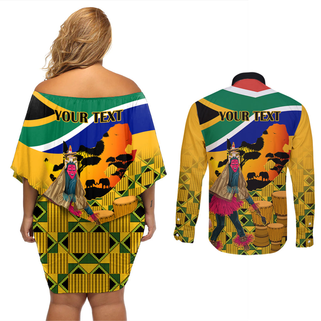 Personalised South Africa Heritage Day Couples Matching Off Shoulder Short Dress and Long Sleeve Button Shirts Traditional Dancer Kente Pattern With Flag Style - Wonder Print Shop