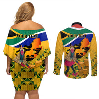 Personalised South Africa Heritage Day Couples Matching Off Shoulder Short Dress and Long Sleeve Button Shirts Traditional Dancer Kente Pattern With Flag Style - Wonder Print Shop