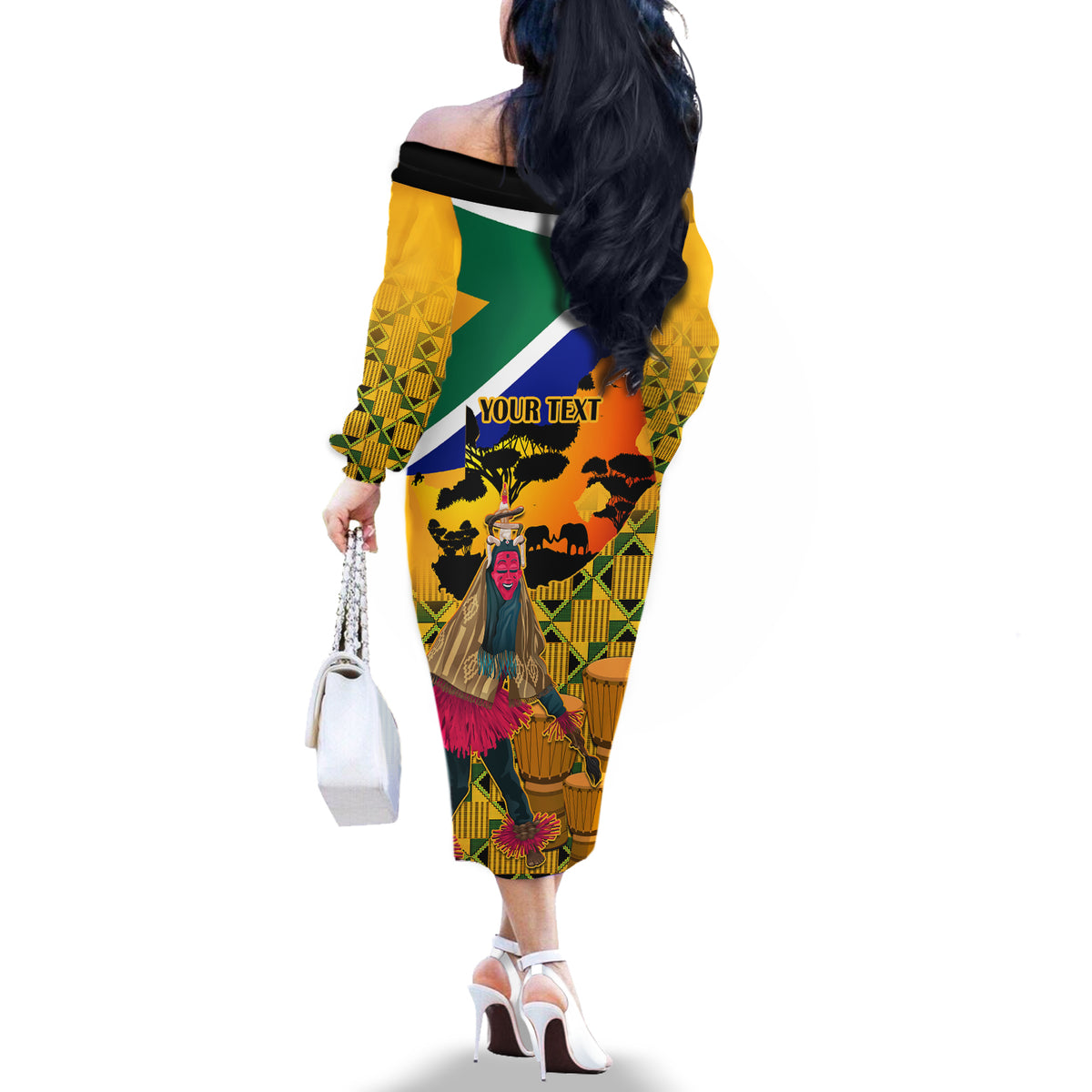 Personalised South Africa Heritage Day Off The Shoulder Long Sleeve Dress Traditional Dancer Kente Pattern With Flag Style - Wonder Print Shop