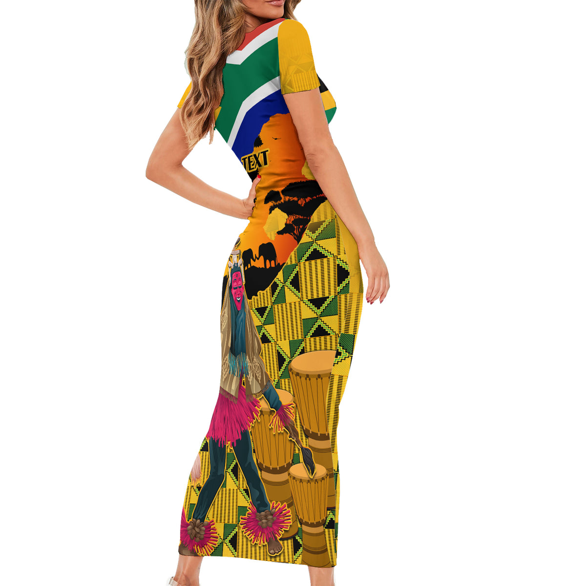 Personalised South Africa Heritage Day Short Sleeve Bodycon Dress Traditional Dancer Kente Pattern With Flag Style - Wonder Print Shop