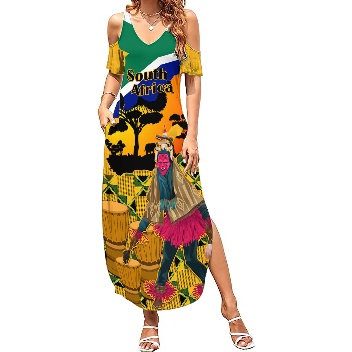 Personalised South Africa Heritage Day Summer Maxi Dress Traditional Dancer Kente Pattern With Flag Style - Wonder Print Shop