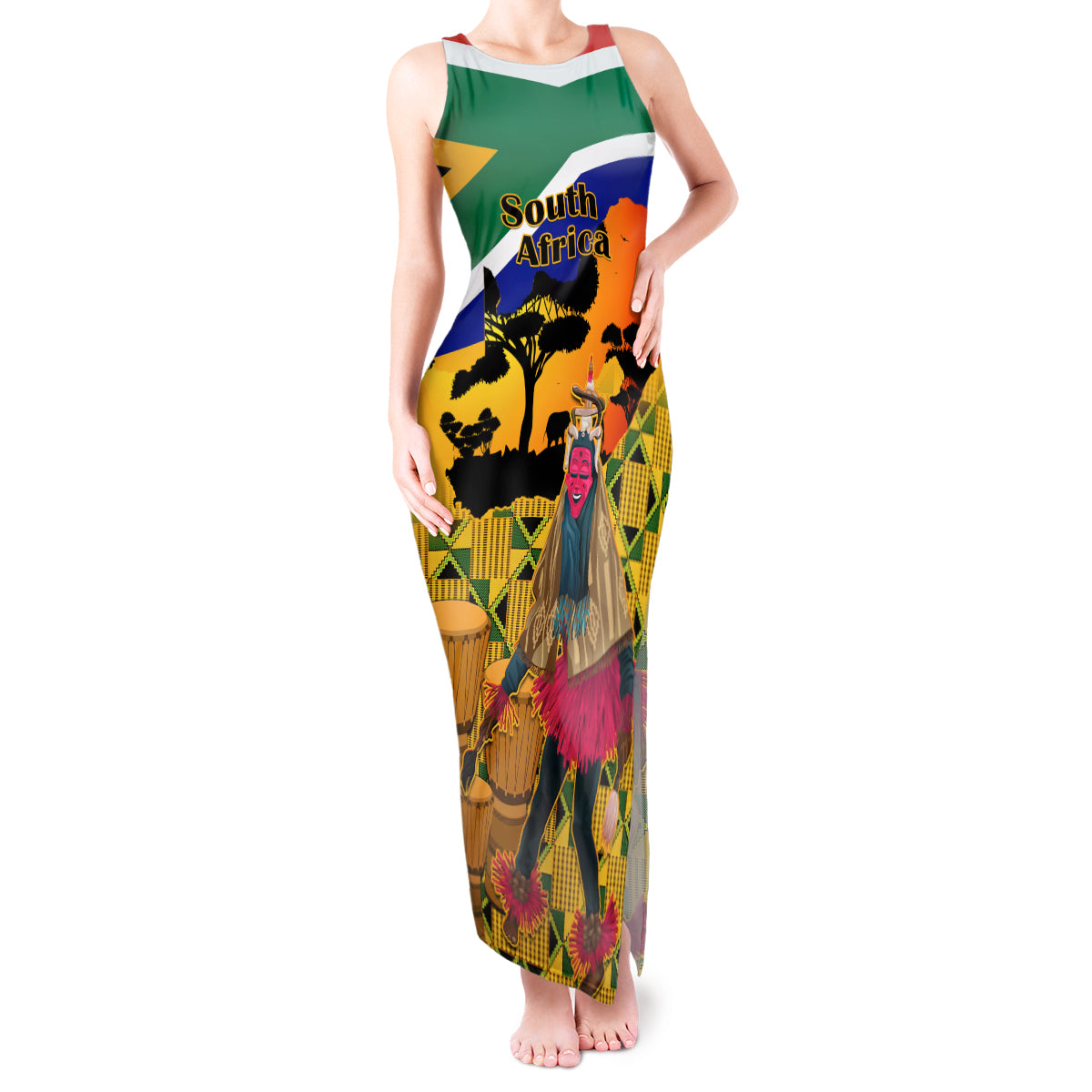 Personalised South Africa Heritage Day Tank Maxi Dress Traditional Dancer Kente Pattern With Flag Style - Wonder Print Shop