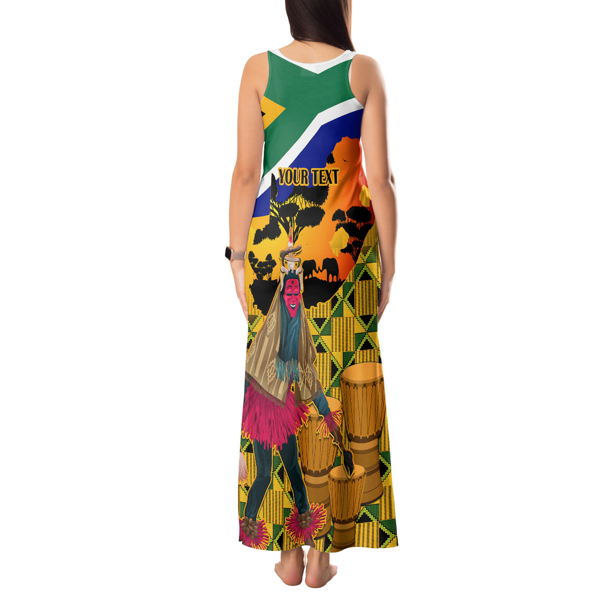 Personalised South Africa Heritage Day Tank Maxi Dress Traditional Dancer Kente Pattern With Flag Style - Wonder Print Shop