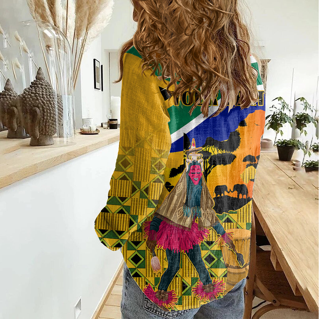 Personalised South Africa Heritage Day Women Casual Shirt Traditional Dancer Kente Pattern With Flag Style - Wonder Print Shop