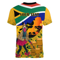 Personalised South Africa Heritage Day Women V Neck T Shirt Traditional Dancer Kente Pattern With Flag Style - Wonder Print Shop