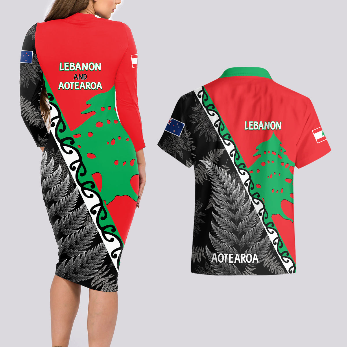 New Zealand And Lebanon Couples Matching Long Sleeve Bodycon Dress and Hawaiian Shirt Silver Fern Maori With Cedar Tree Together - Wonder Print Shop