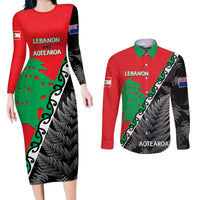 New Zealand And Lebanon Couples Matching Long Sleeve Bodycon Dress and Long Sleeve Button Shirts Silver Fern Maori With Cedar Tree Together - Wonder Print Shop