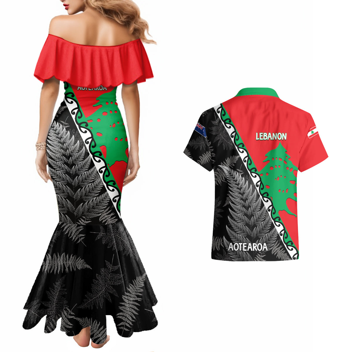 New Zealand And Lebanon Couples Matching Mermaid Dress and Hawaiian Shirt Silver Fern Maori With Cedar Tree Together - Wonder Print Shop