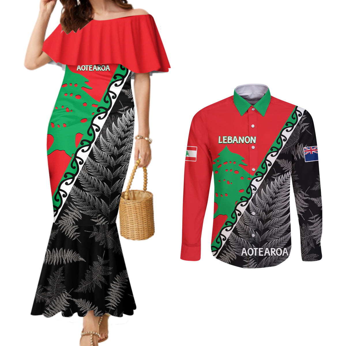 new-zealand-and-lebanon-couples-matching-mermaid-dress-and-long-sleeve-button-shirts-silver-fern-maori-with-cedar-tree-together