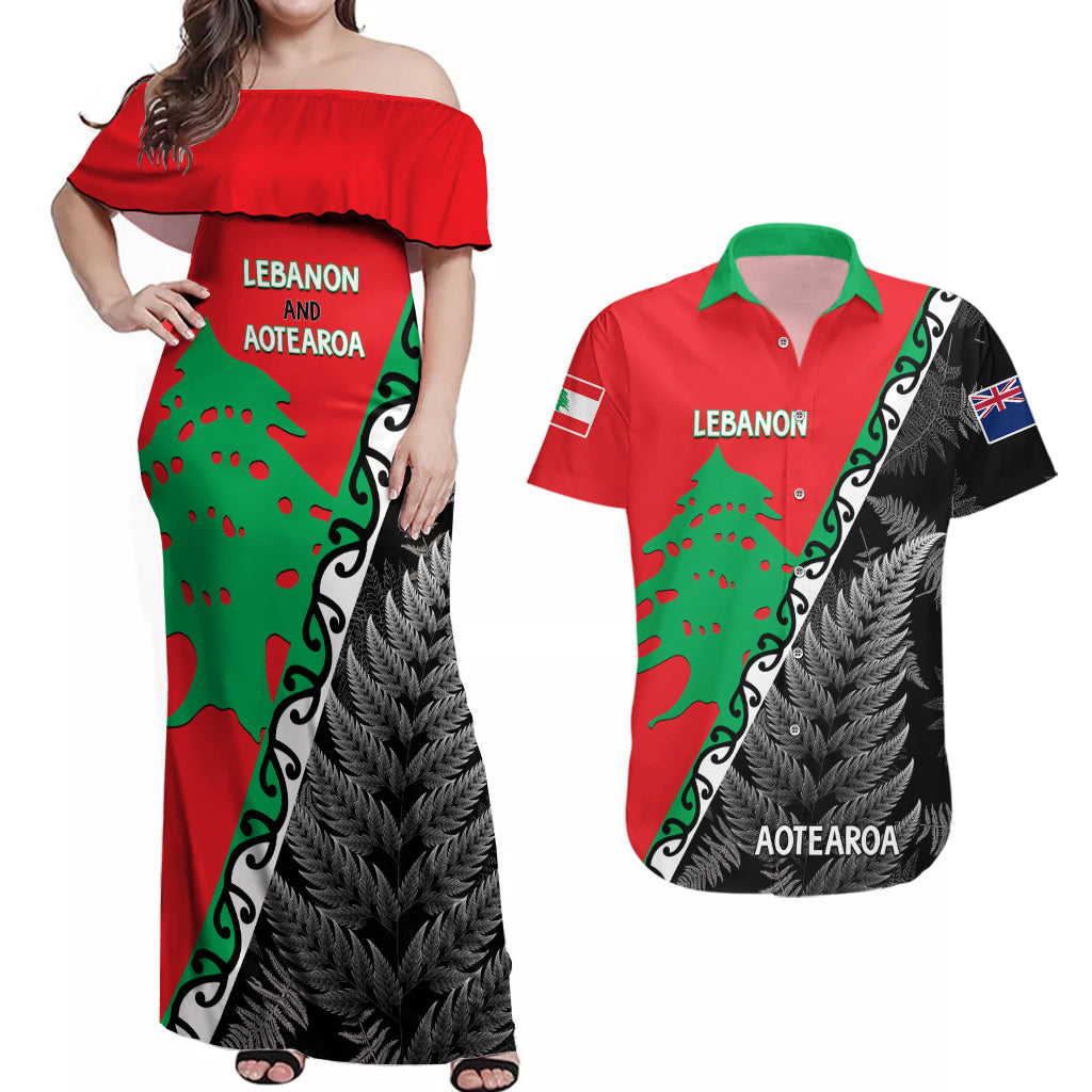 New Zealand And Lebanon Couples Matching Off Shoulder Maxi Dress and Hawaiian Shirt Silver Fern Maori With Cedar Tree Together - Wonder Print Shop