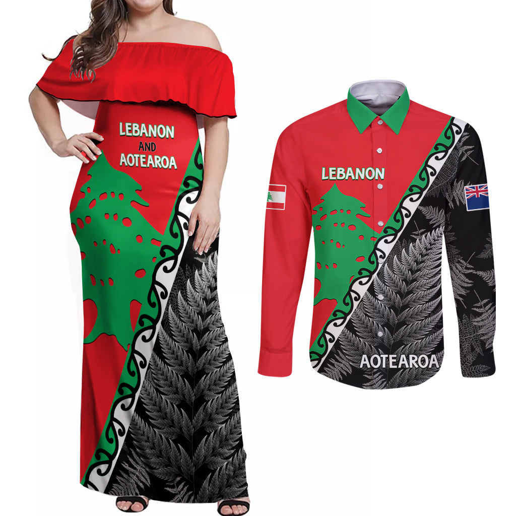 New Zealand And Lebanon Couples Matching Off Shoulder Maxi Dress and Long Sleeve Button Shirts Silver Fern Maori With Cedar Tree Together - Wonder Print Shop