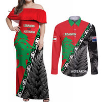 New Zealand And Lebanon Couples Matching Off Shoulder Maxi Dress and Long Sleeve Button Shirts Silver Fern Maori With Cedar Tree Together - Wonder Print Shop