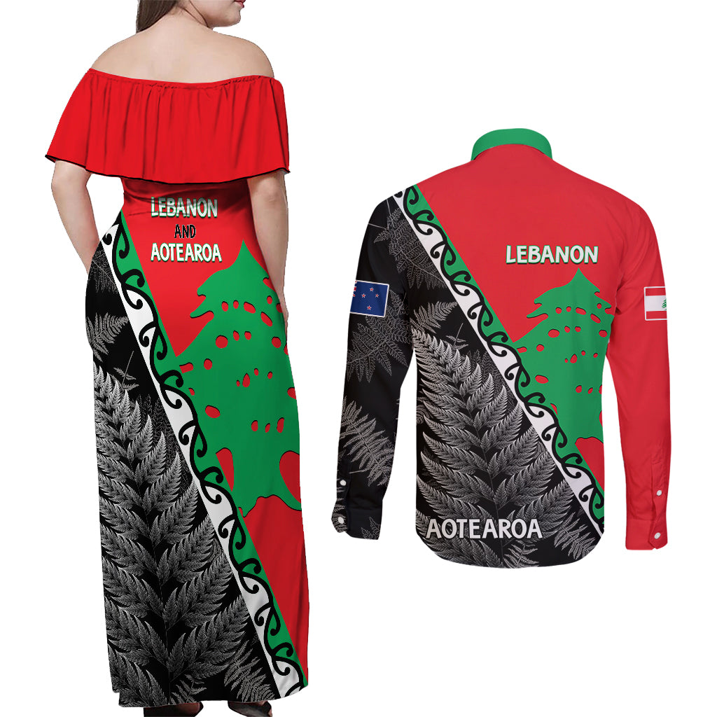 New Zealand And Lebanon Couples Matching Off Shoulder Maxi Dress and Long Sleeve Button Shirts Silver Fern Maori With Cedar Tree Together - Wonder Print Shop