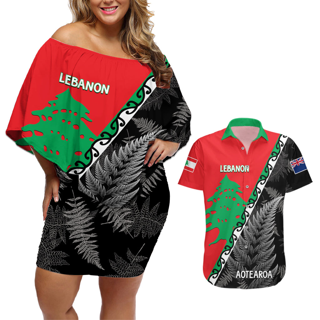 New Zealand And Lebanon Couples Matching Off Shoulder Short Dress and Hawaiian Shirt Silver Fern Maori With Cedar Tree Together - Wonder Print Shop
