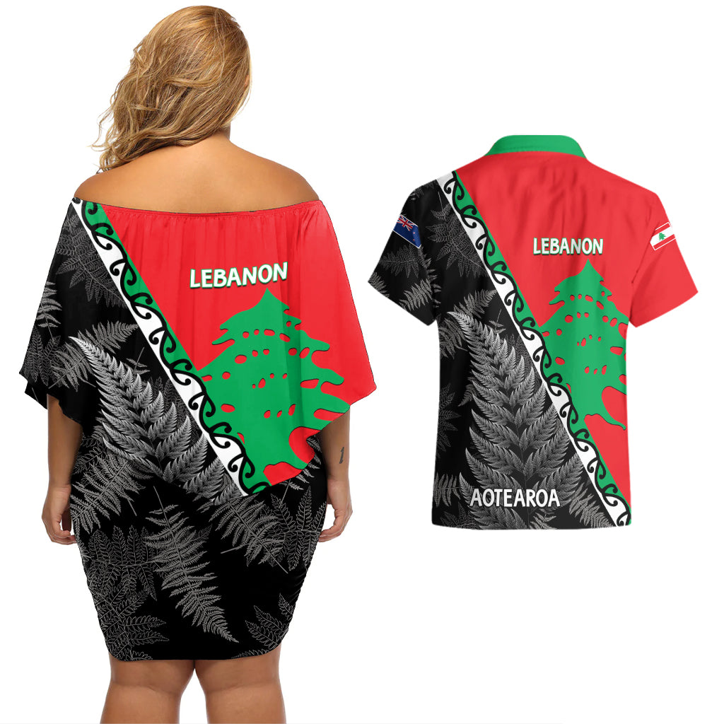 New Zealand And Lebanon Couples Matching Off Shoulder Short Dress and Hawaiian Shirt Silver Fern Maori With Cedar Tree Together - Wonder Print Shop