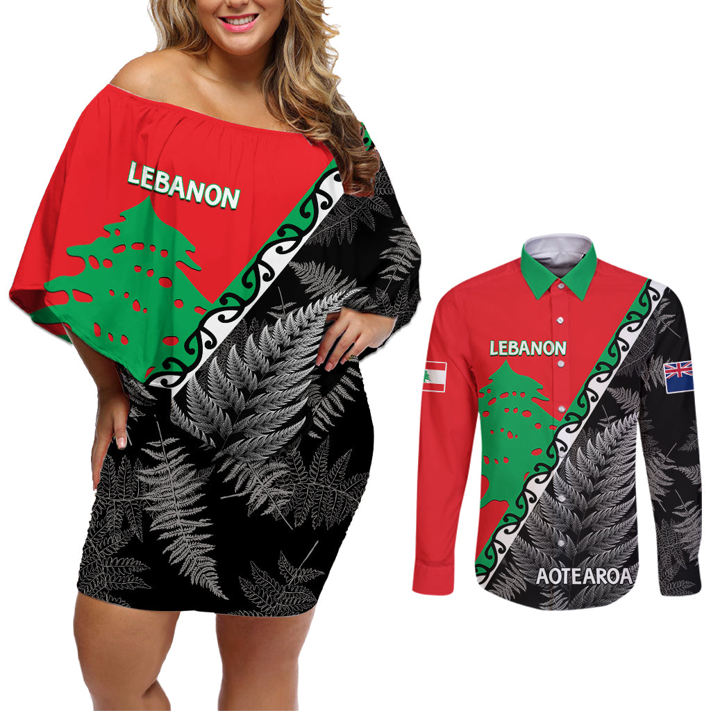 New Zealand And Lebanon Couples Matching Off Shoulder Short Dress and Long Sleeve Button Shirts Silver Fern Maori With Cedar Tree Together - Wonder Print Shop