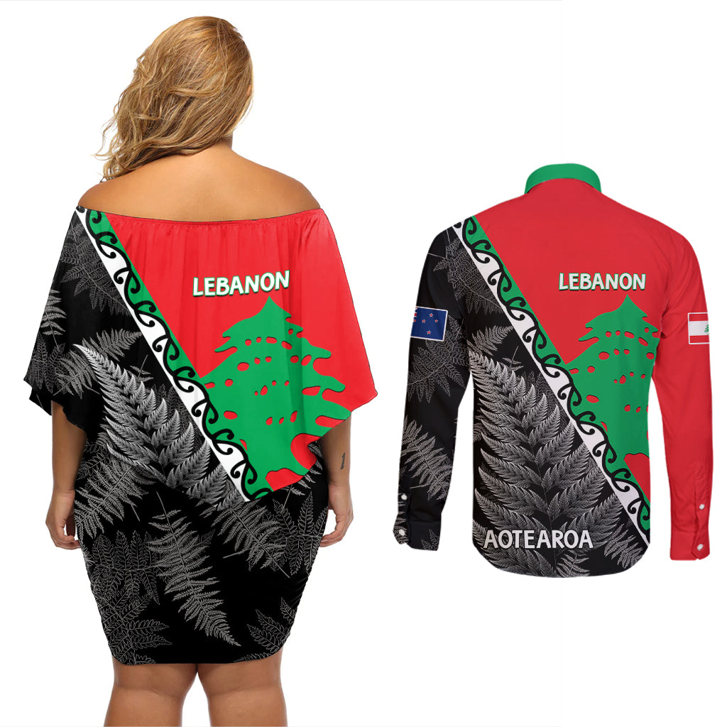New Zealand And Lebanon Couples Matching Off Shoulder Short Dress and Long Sleeve Button Shirts Silver Fern Maori With Cedar Tree Together - Wonder Print Shop