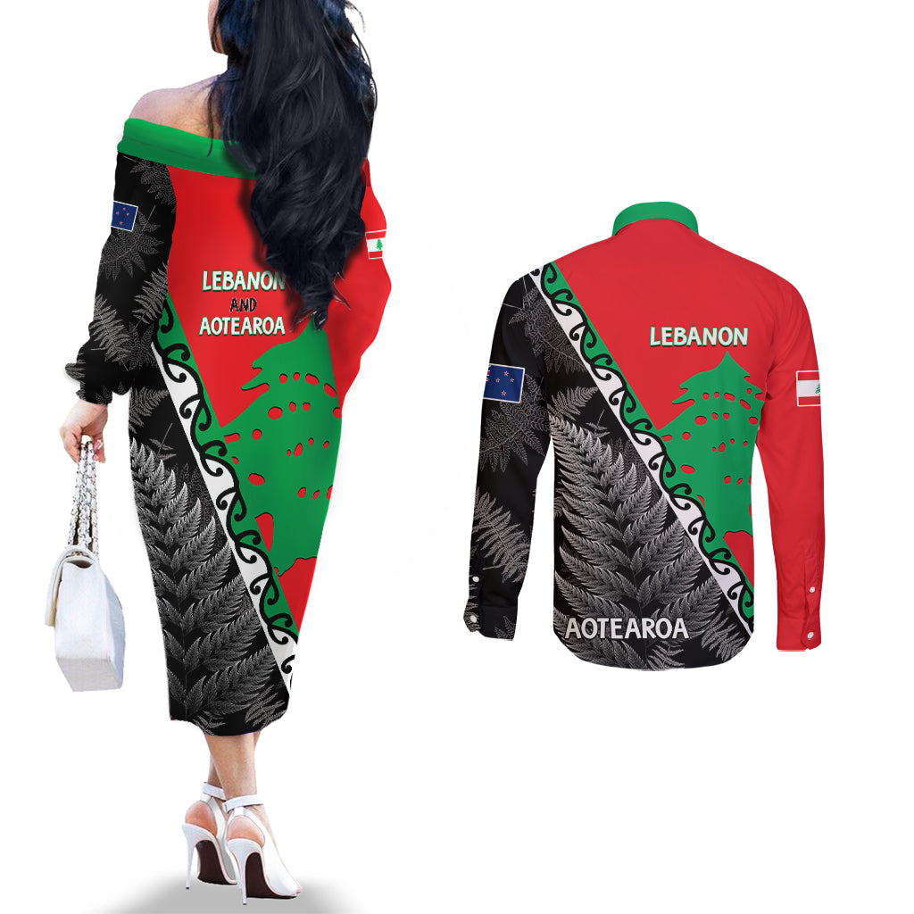 new-zealand-and-lebanon-couples-matching-off-the-shoulder-long-sleeve-dress-and-long-sleeve-button-shirts-silver-fern-maori-with-cedar-tree-together