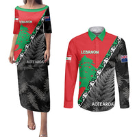New Zealand And Lebanon Couples Matching Puletasi Dress and Long Sleeve Button Shirts Silver Fern Maori With Cedar Tree Together - Wonder Print Shop
