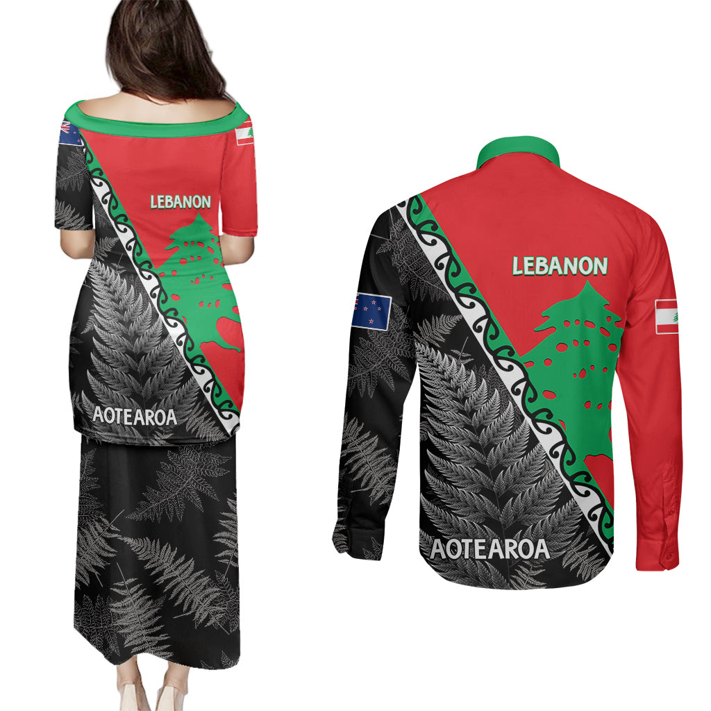 New Zealand And Lebanon Couples Matching Puletasi Dress and Long Sleeve Button Shirts Silver Fern Maori With Cedar Tree Together - Wonder Print Shop