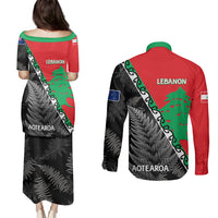 New Zealand And Lebanon Couples Matching Puletasi Dress and Long Sleeve Button Shirts Silver Fern Maori With Cedar Tree Together - Wonder Print Shop