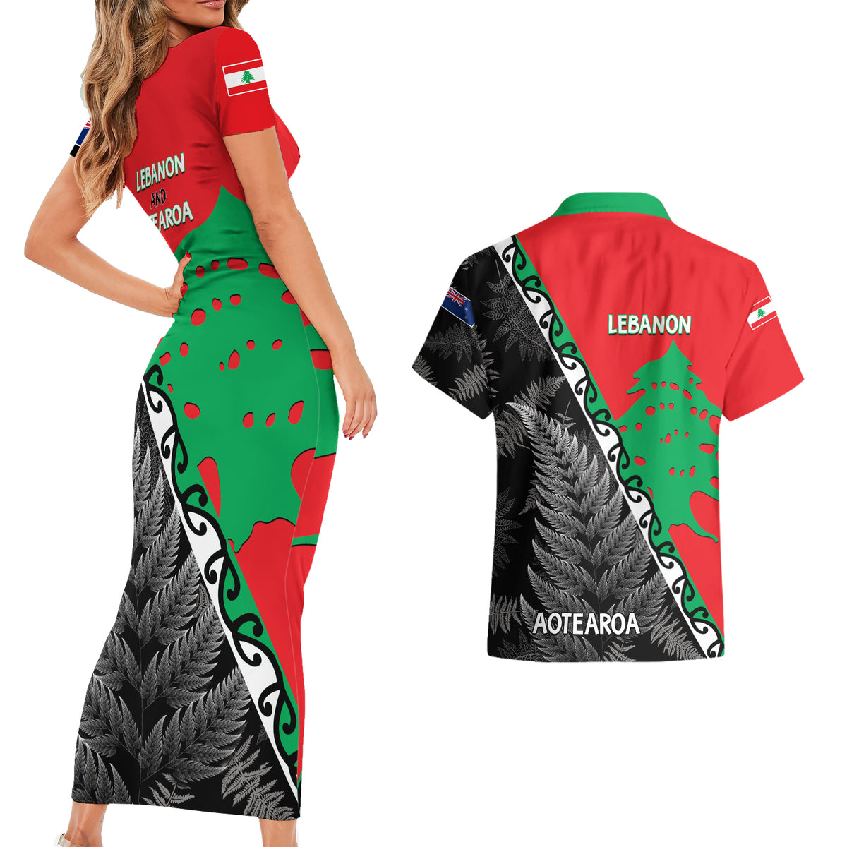 New Zealand And Lebanon Couples Matching Short Sleeve Bodycon Dress and Hawaiian Shirt Silver Fern Maori With Cedar Tree Together - Wonder Print Shop