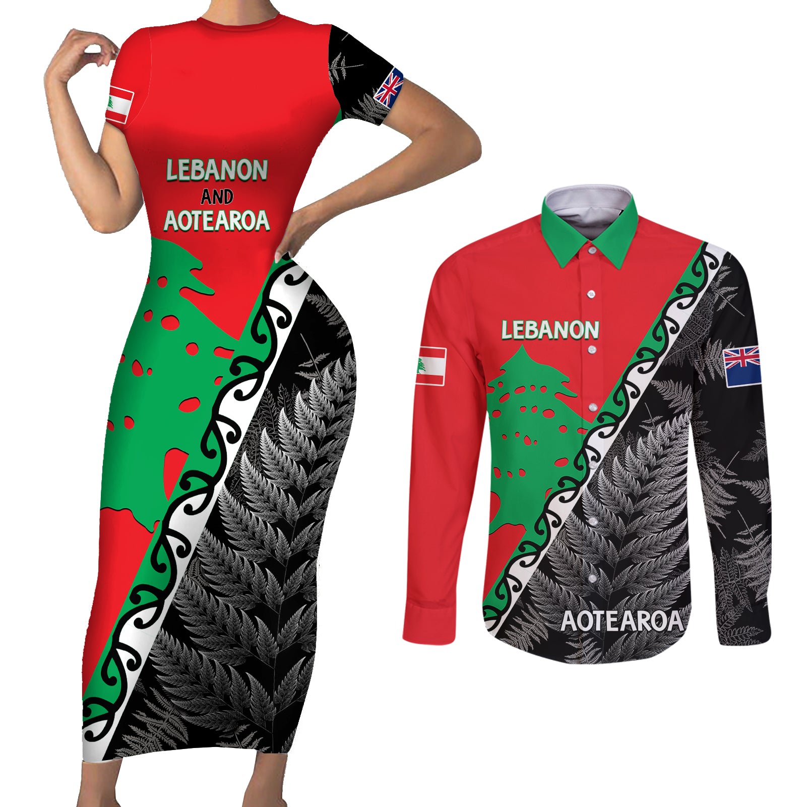 New Zealand And Lebanon Couples Matching Short Sleeve Bodycon Dress and Long Sleeve Button Shirts Silver Fern Maori With Cedar Tree Together - Wonder Print Shop