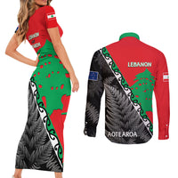 New Zealand And Lebanon Couples Matching Short Sleeve Bodycon Dress and Long Sleeve Button Shirts Silver Fern Maori With Cedar Tree Together - Wonder Print Shop