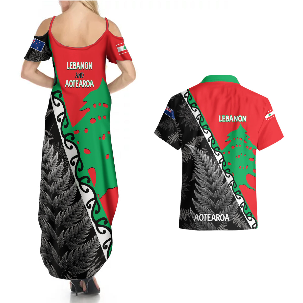 New Zealand And Lebanon Couples Matching Summer Maxi Dress and Hawaiian Shirt Silver Fern Maori With Cedar Tree Together - Wonder Print Shop