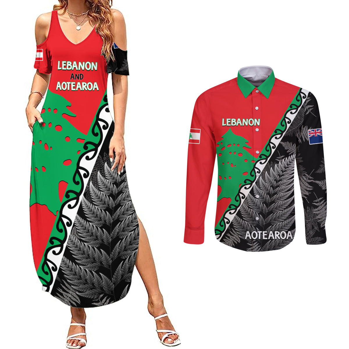 New Zealand And Lebanon Couples Matching Summer Maxi Dress and Long Sleeve Button Shirts Silver Fern Maori With Cedar Tree Together - Wonder Print Shop