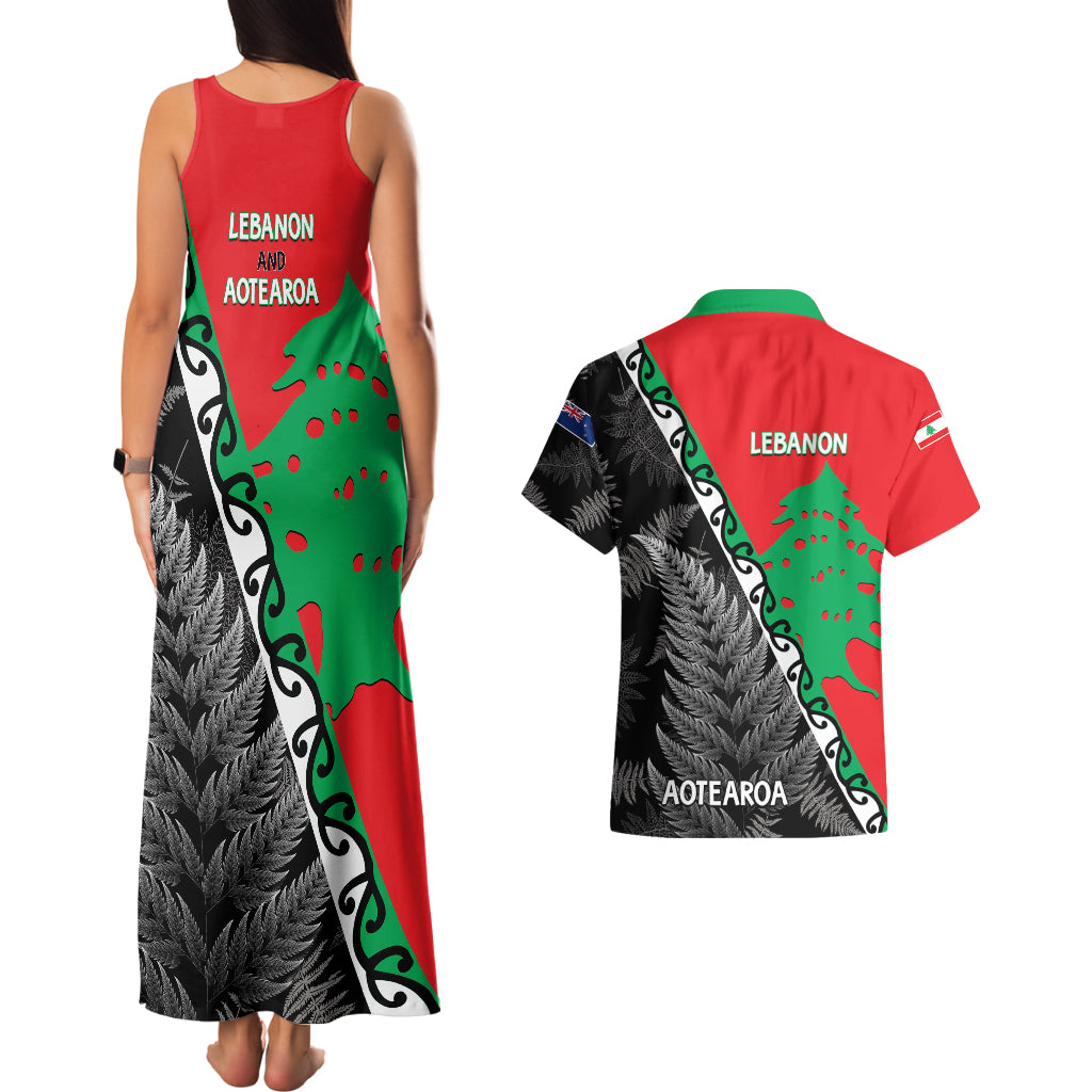 New Zealand And Lebanon Couples Matching Tank Maxi Dress and Hawaiian Shirt Silver Fern Maori With Cedar Tree Together - Wonder Print Shop