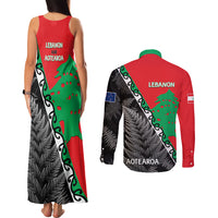 New Zealand And Lebanon Couples Matching Tank Maxi Dress and Long Sleeve Button Shirts Silver Fern Maori With Cedar Tree Together - Wonder Print Shop