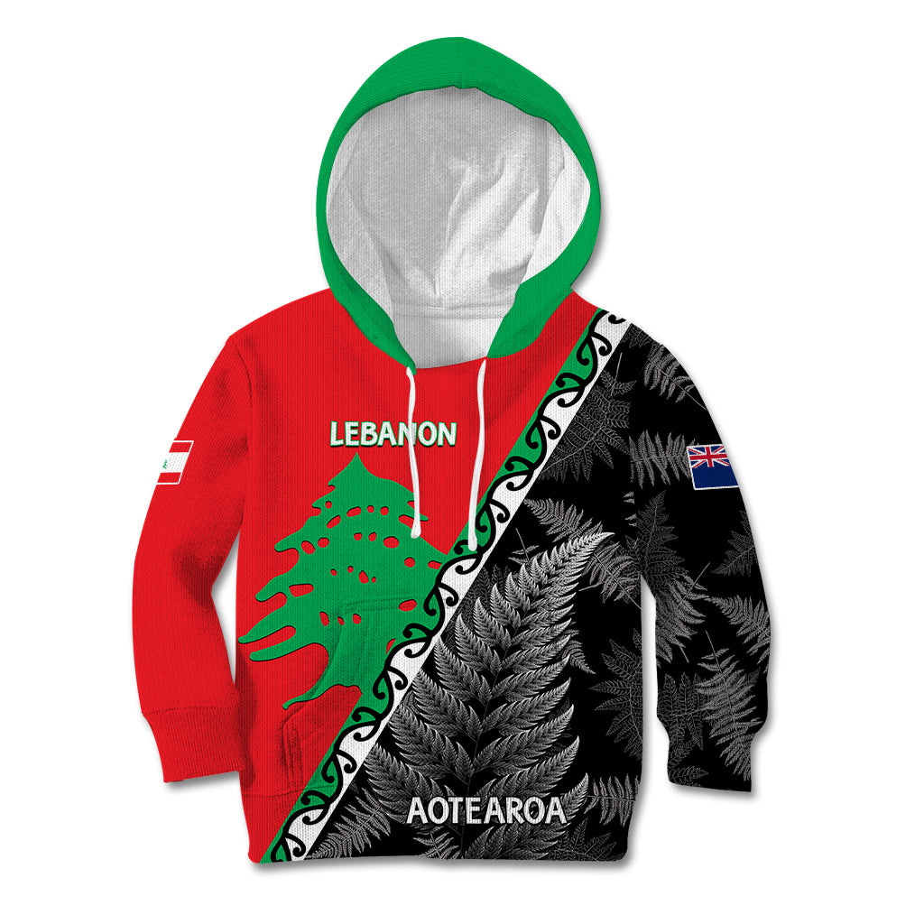 New Zealand And Lebanon Kid Hoodie Silver Fern Maori With Cedar Tree Together - Wonder Print Shop