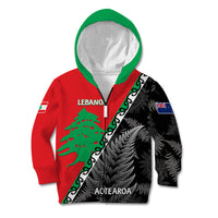 New Zealand And Lebanon Kid Hoodie Silver Fern Maori With Cedar Tree Together - Wonder Print Shop