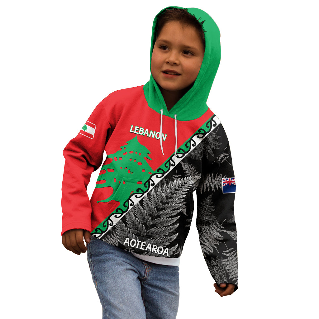 New Zealand And Lebanon Kid Hoodie Silver Fern Maori With Cedar Tree Together - Wonder Print Shop