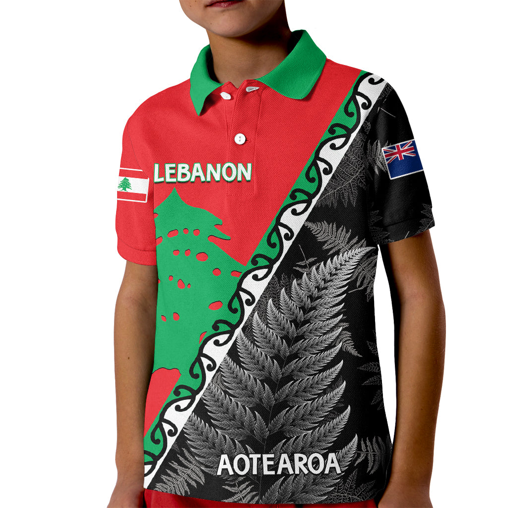 New Zealand And Lebanon Kid Polo Shirt Silver Fern Maori With Cedar Tree Together - Wonder Print Shop
