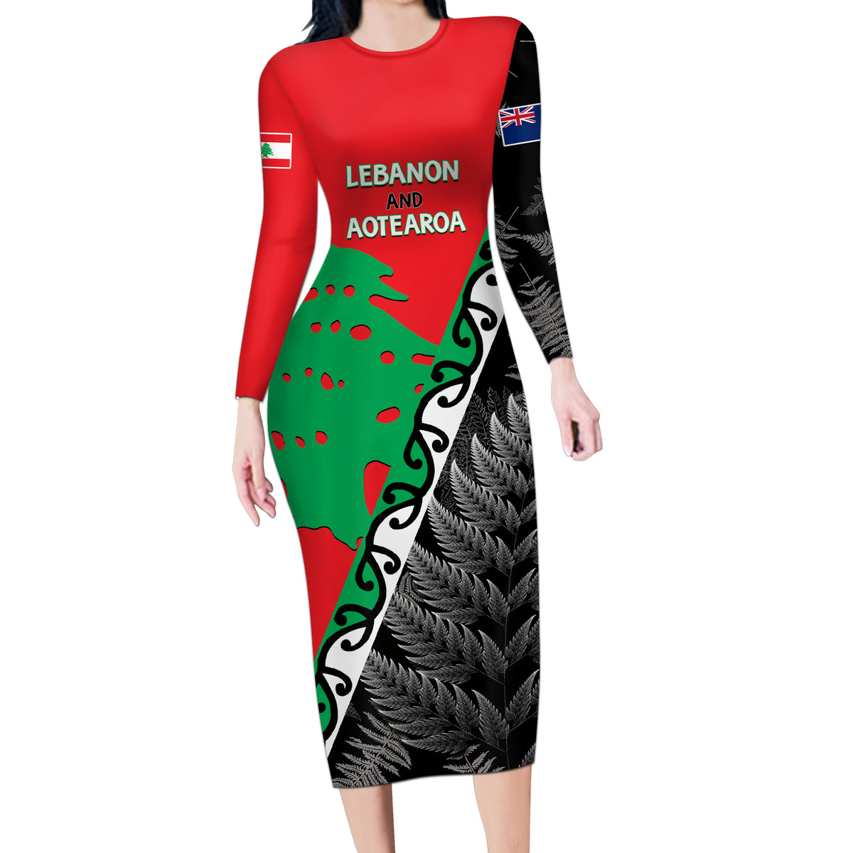 New Zealand And Lebanon Long Sleeve Bodycon Dress Silver Fern Maori With Cedar Tree Together - Wonder Print Shop