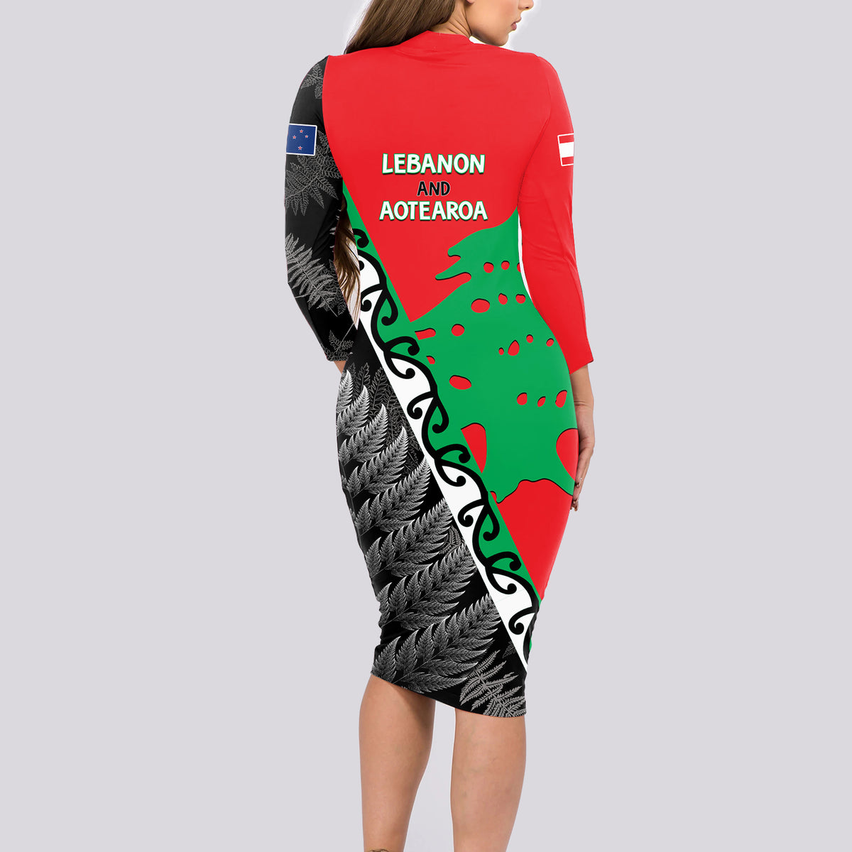 New Zealand And Lebanon Long Sleeve Bodycon Dress Silver Fern Maori With Cedar Tree Together - Wonder Print Shop