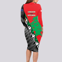 New Zealand And Lebanon Long Sleeve Bodycon Dress Silver Fern Maori With Cedar Tree Together - Wonder Print Shop