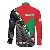 New Zealand And Lebanon Long Sleeve Button Shirt Silver Fern Maori With Cedar Tree Together - Wonder Print Shop