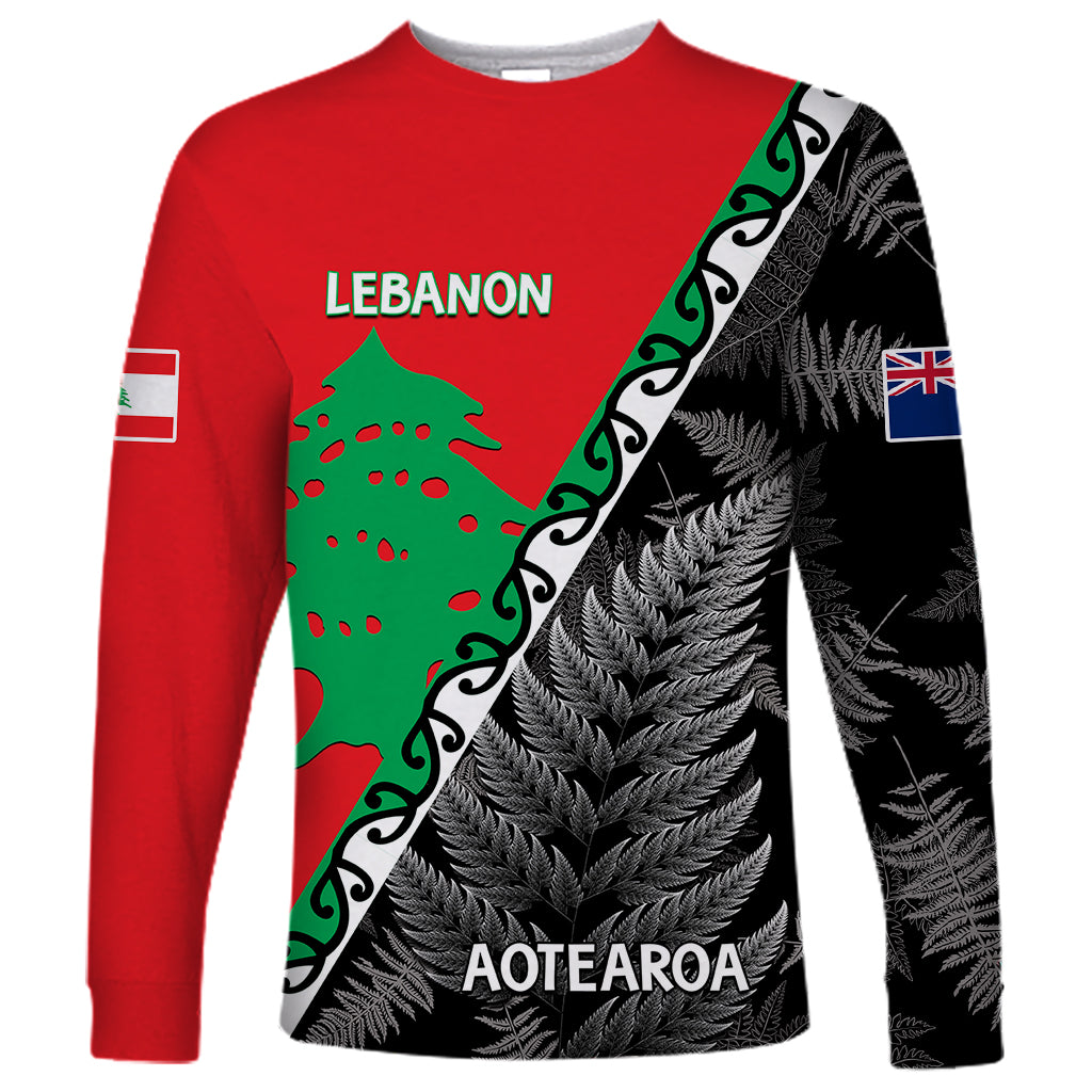 New Zealand And Lebanon Long Sleeve Shirt Silver Fern Maori With Cedar Tree Together - Wonder Print Shop