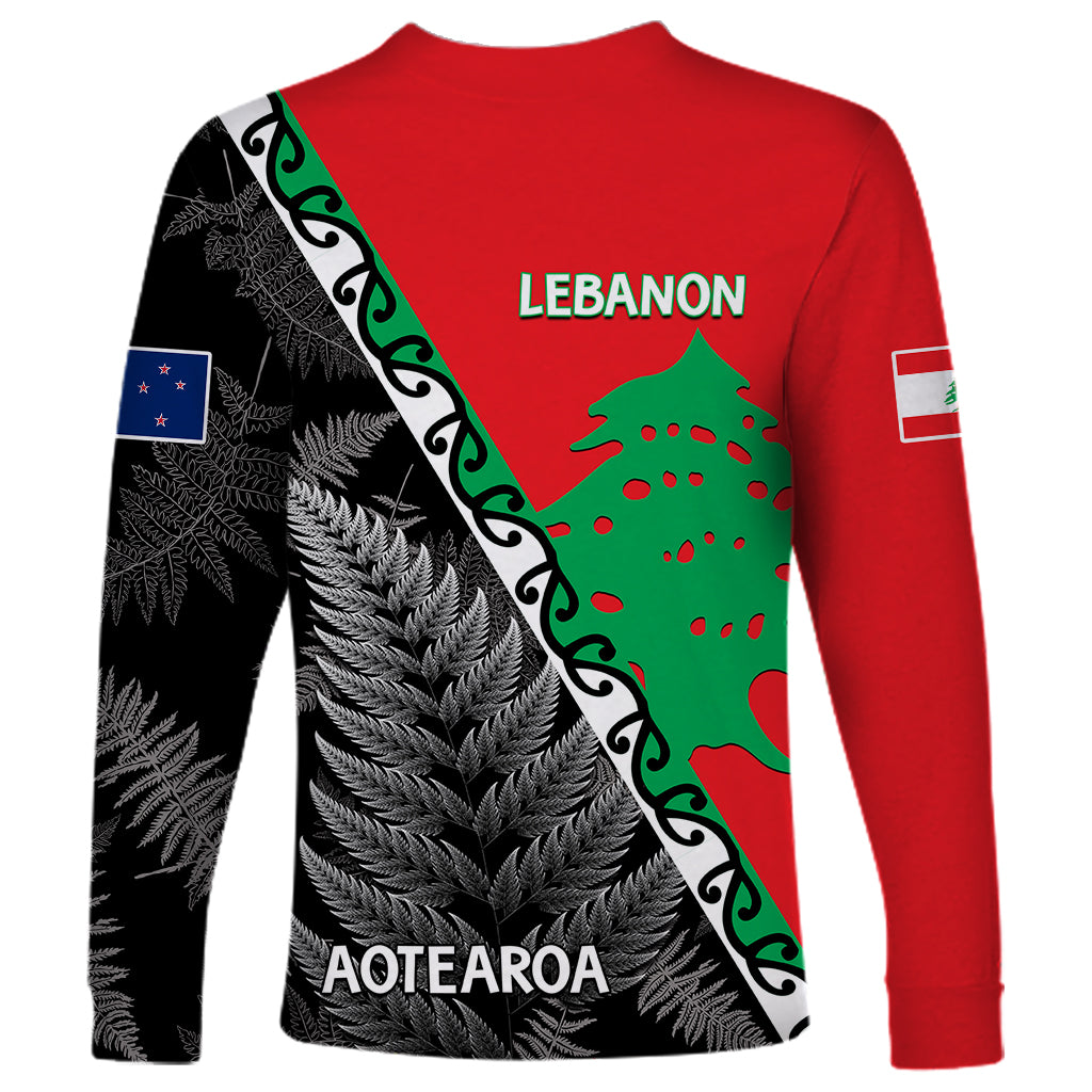 New Zealand And Lebanon Long Sleeve Shirt Silver Fern Maori With Cedar Tree Together - Wonder Print Shop