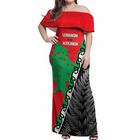 New Zealand And Lebanon Off Shoulder Maxi Dress Silver Fern Maori With Cedar Tree Together - Wonder Print Shop