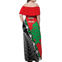New Zealand And Lebanon Off Shoulder Maxi Dress Silver Fern Maori With Cedar Tree Together - Wonder Print Shop