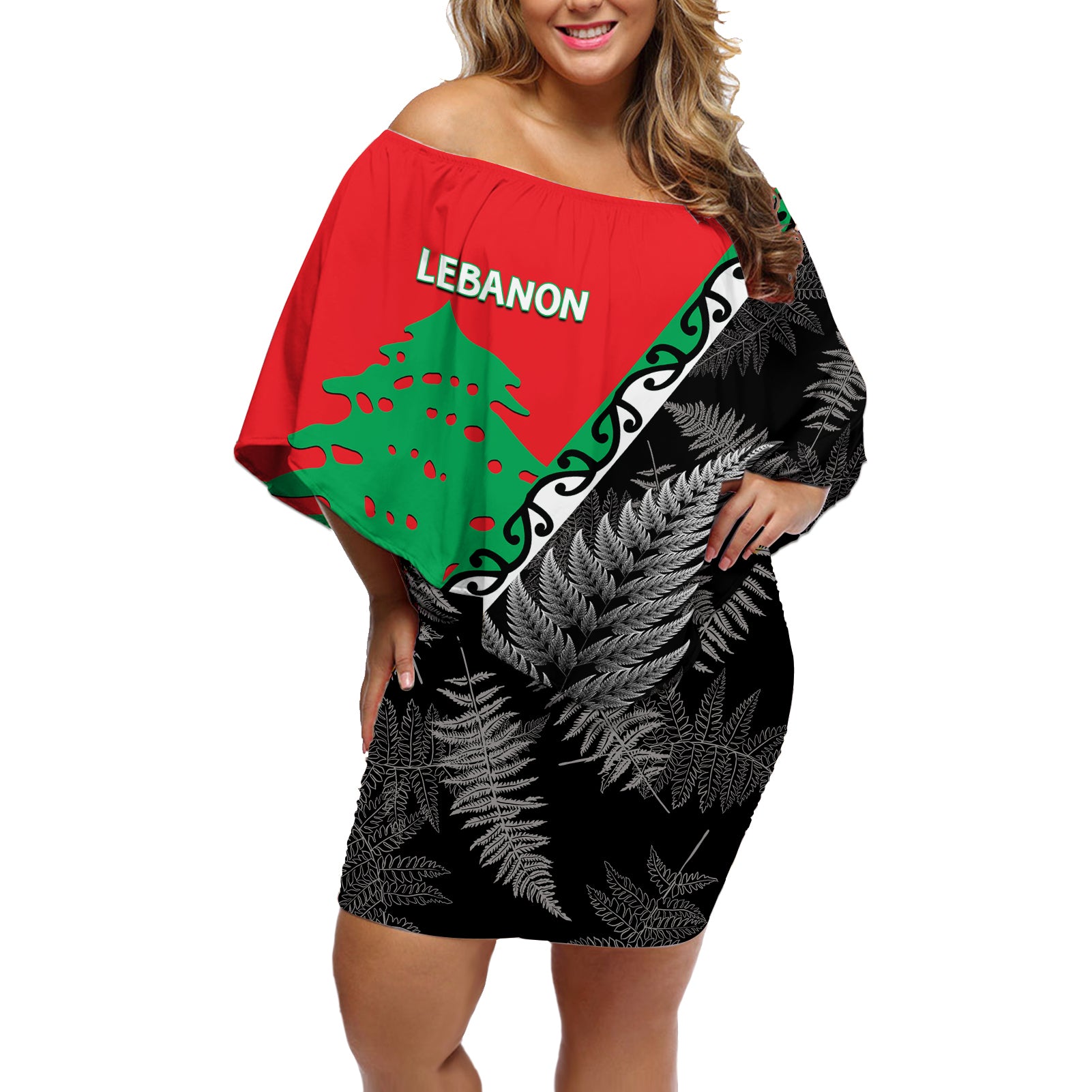 New Zealand And Lebanon Off Shoulder Short Dress Silver Fern Maori With Cedar Tree Together - Wonder Print Shop