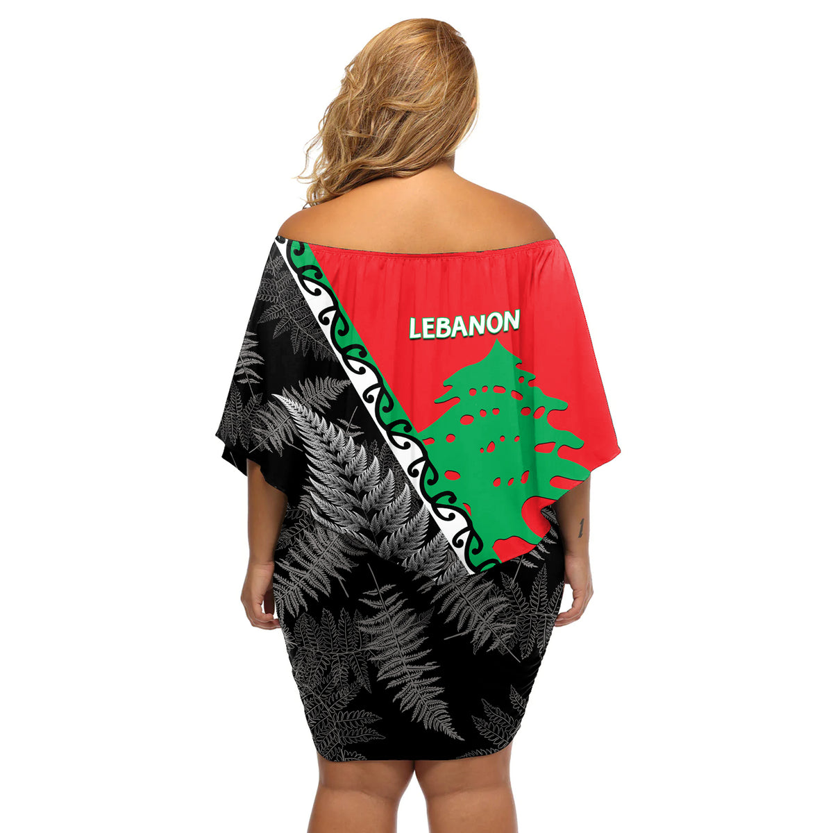 New Zealand And Lebanon Off Shoulder Short Dress Silver Fern Maori With Cedar Tree Together - Wonder Print Shop