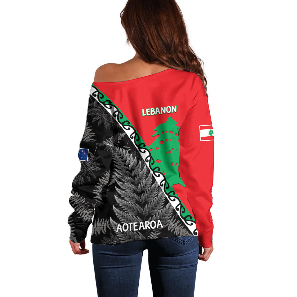 New Zealand And Lebanon Off Shoulder Sweater Silver Fern Maori With Cedar Tree Together - Wonder Print Shop