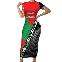 New Zealand And Lebanon Short Sleeve Bodycon Dress Silver Fern Maori With Cedar Tree Together - Wonder Print Shop